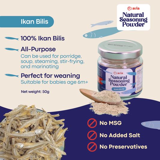 A promotional product graphic for Avia Ikan Bilis Natural Seasoning Powder. The image features a jar of the seasoning powder, a wooden spoon filled with the seasoning powder, and a pile of dried fish on the bottom left. Highlighting the USP made from 100% ikan bilis with no MSG, no added salt, no preservatives, and suitable for weaning age 6 months and above