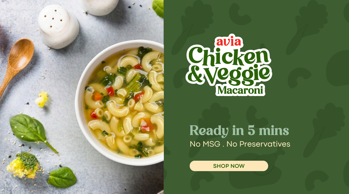 A bowl of macaroni surrounded by a spoon , vegetable and pepper with text "ready in 5 mins, no msg, no preservatives" on the side