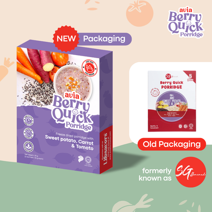 A promotional graphic for avia Berry Quick Porridge showing the new purple packaging box on the left, the old white and red packaging on the right, and text noting 'NEW Packaging' and 'Old Packaging'. Avia is a brand that was formerly known as SG Homemade