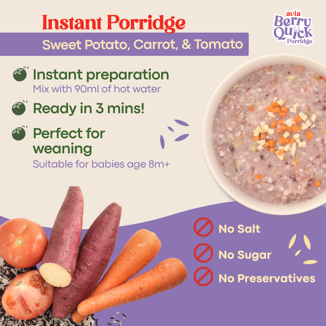 Promotional graphic for Asia Berry Quick Instant Porridge featuring sweet potato, carrot, and tomato flavor. The design includes product benefits including ready in 3 minutes, suitable for weaning 8 months and abnove and instant preparation with just hot water. Ingredient illustrations included (sweet potato, tomato, carrot), and a bowl of prepared porridge on a split cream and purple background.