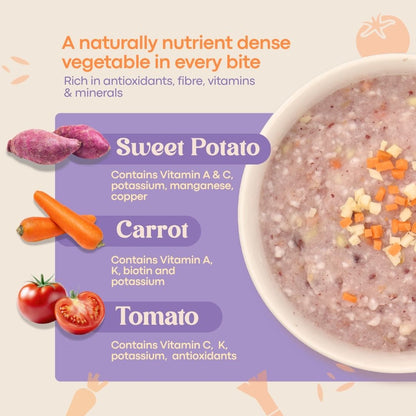 Promotional graphic for a sweet potato,carrot and tomato porridge dish, featuring a bowl of the prepared food on the right and a purple text panel on the left highlighting ingredients: sweet potato, carrot, and tomato, with text about nutrients benefit
