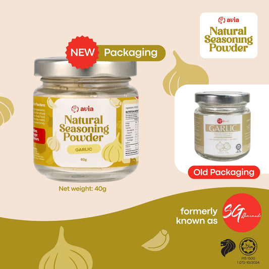A jar of avia Garlic Natural Seasoning Powder shown with its new yellow label and silver lid, alongside an inset showing the old packaging. The background is a light beige with olive green accents and garlic illustrations.