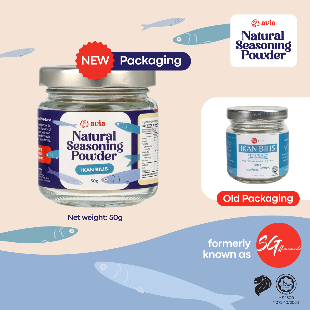 A product comparison graphic for Avia Natural Seasoning Powder Ikan Bilis Flavour, showing the new packaging on the left and the old packaging on the right, with text indicating a net weight of 50g. The brand previously known as SG Homemade