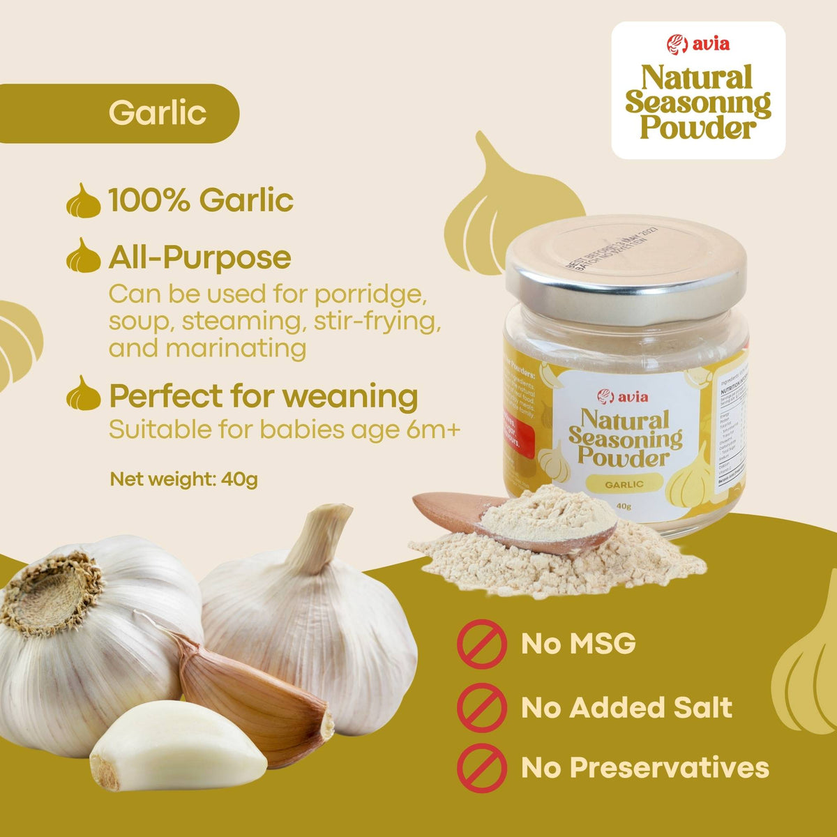 A jar of Avia Natural Seasoning Powder Garlic flavor shown on a beige and olive-green promotional graphic with garlic bulbs, loose powder, and text highlighting ingredients and benefits.